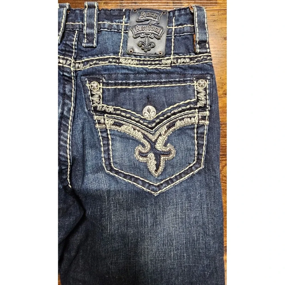 Rock Revival Jeans 34x35 Straight Dark Blue Premium Distressed Designer Denim